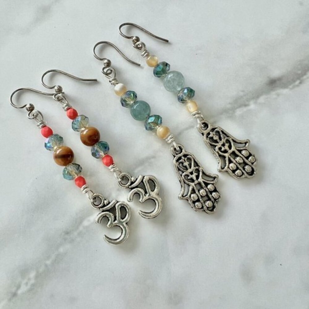 2 Pairs of Earrings Om Earrings Hamsa Earrings Beaded Handmade